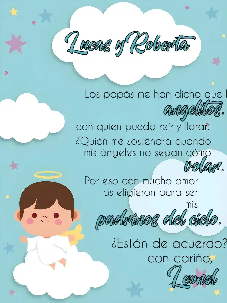 Invitación Bautizo Angelito Iglesia – tema Bautismo azul claro, blanco, angelitos, elementos religiosos, diseño lúdico