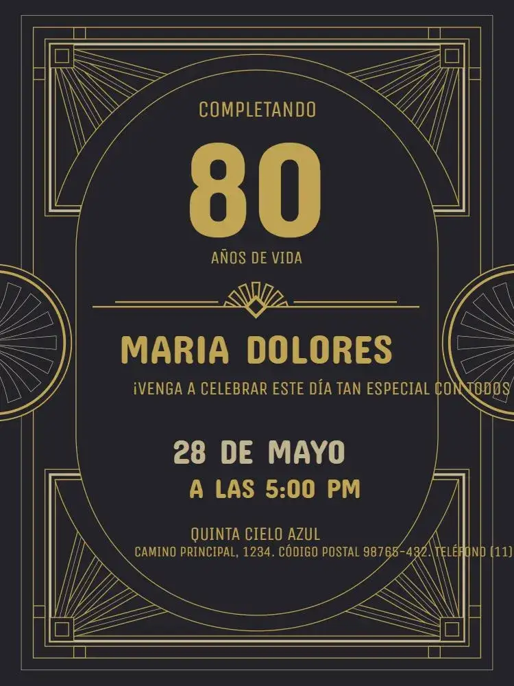 Invitación 80 Años Oscuro Adulto – tema Cumpleaños Infantil elegante, clásico, geométrico, negro, dorado, moderno
