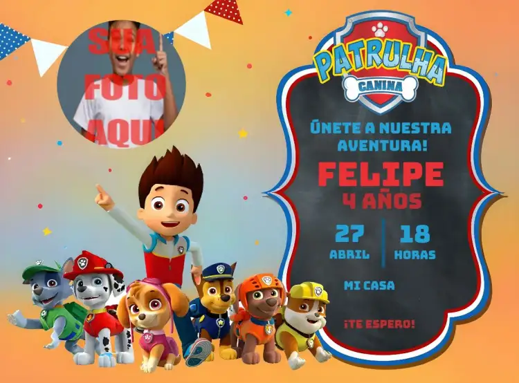 Invitación Patrulla Canina Con Foto Recuerdo – tema Cumpleaños Infantil temática infantil, colores vibrantes, estilo moderno, elementos gráficos de la Patrulla Canina, diseño colorido, diseño divertido
