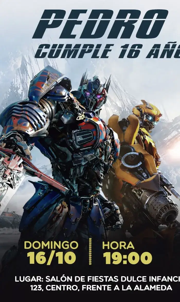 Invitación Transformers Gris – tema Más buscados gris, amarillo, azul, moderno, temático