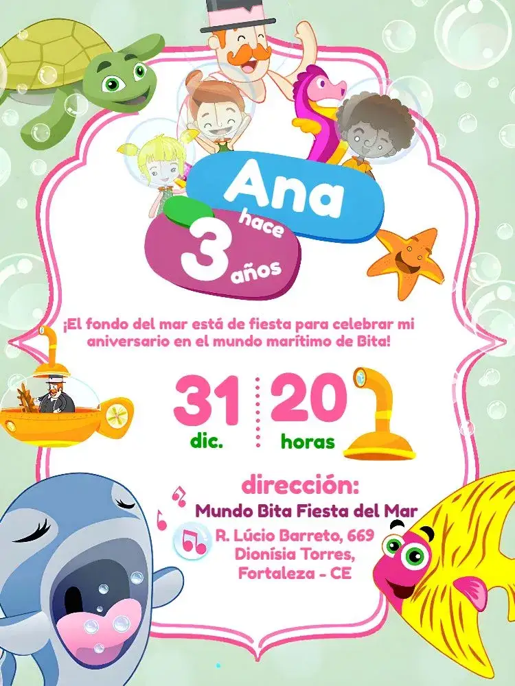Invitación Mundo Bita Fondo Del Mar Azul – tema Cumpleaños Infantil fondo marino, colorido, divertido, infantil, marítimo, ilustraciones lúdicas