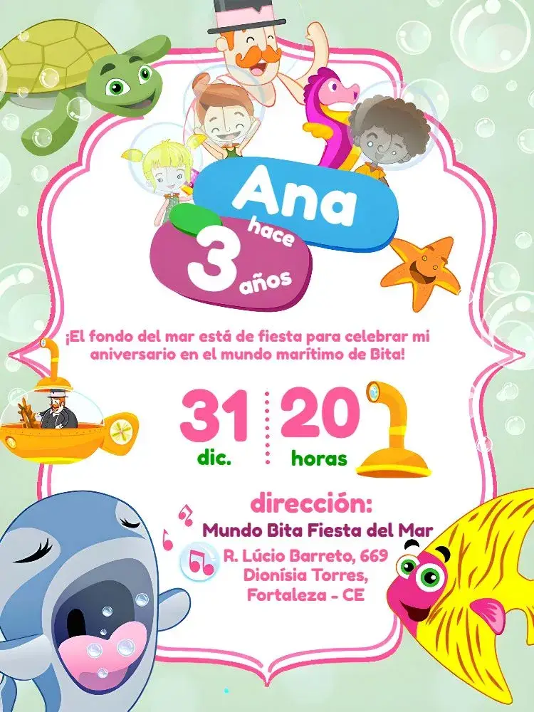 Invitación Mundo Bita Fondo Del Mar Azul