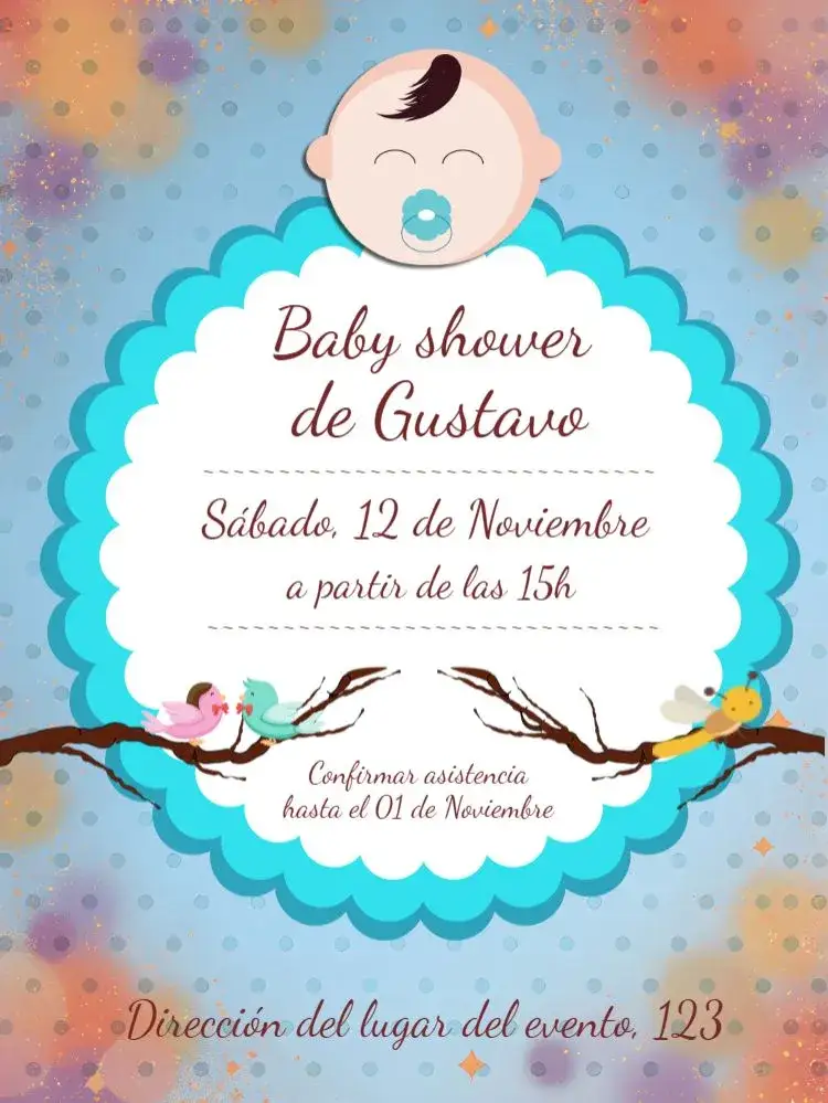 Invitación Baby Shower Azul - Niño Pañales – tema Baby Shower azul suave, pájaros, infantil, delicado, moderno, divertido