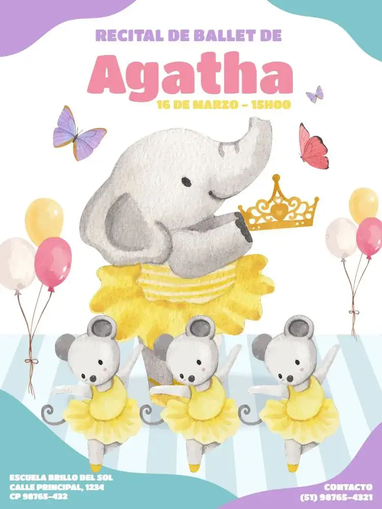 Invitación Bailarina Lúdico Delicado – tema Cumpleaños Infantil delicado, colorido, lúdico, acuarela, femenino, animales