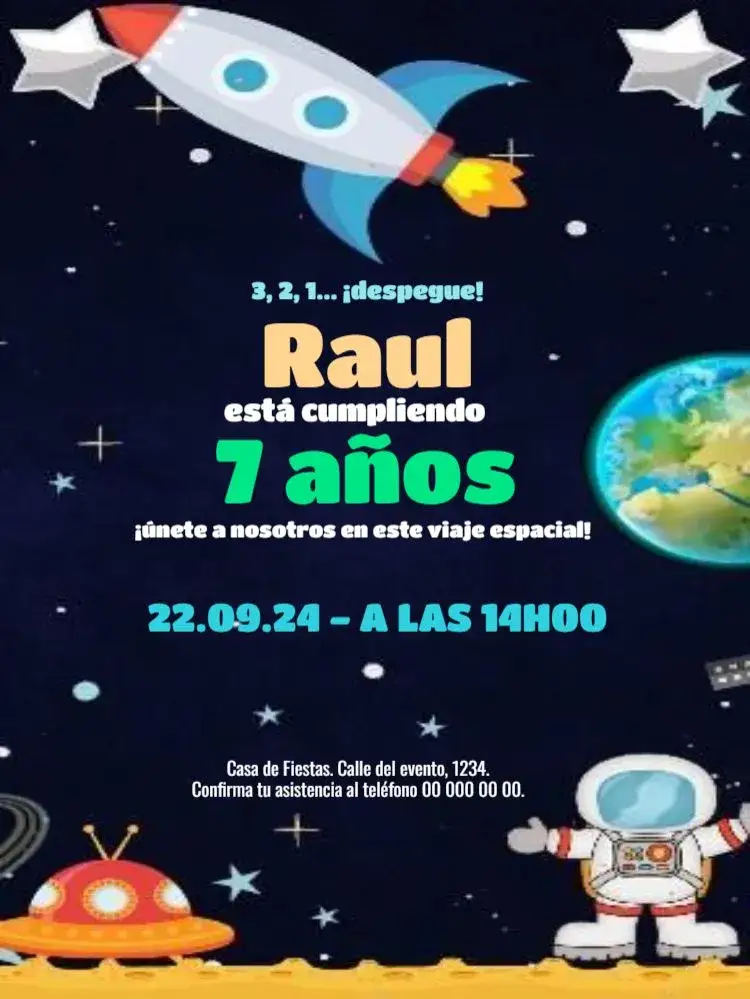 Invitación Astronauta Espacio Whatsapp – tema Cumpleaños Infantil espacio, planetas, estrellas, naves espaciales, colores vibrantes, temática infantil