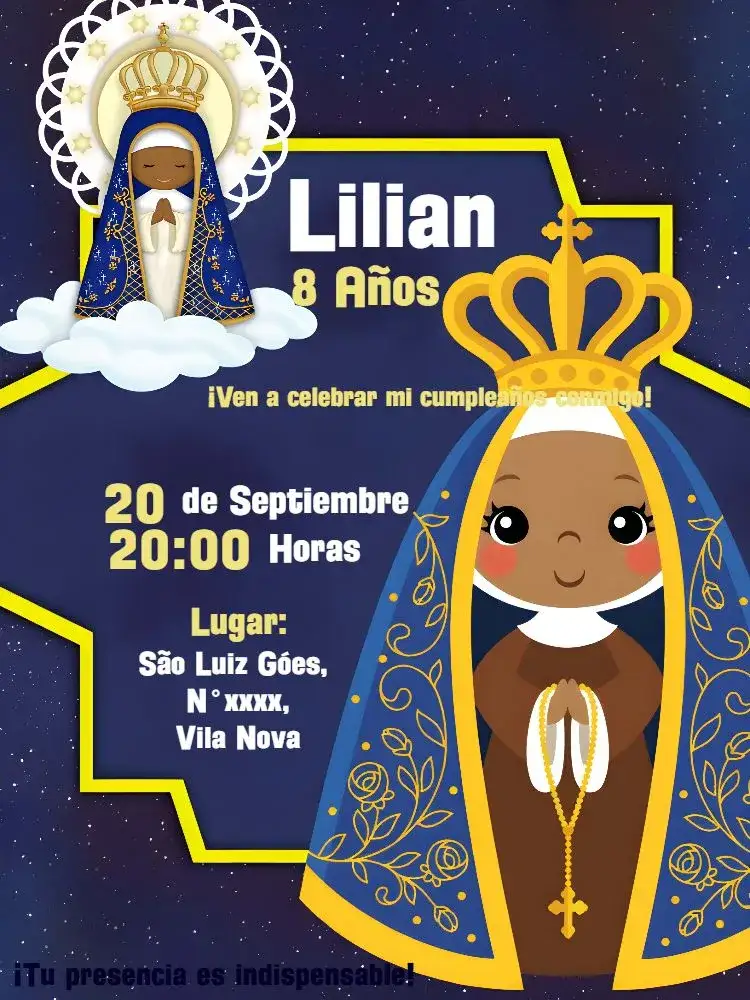 Invitación Nuestra Señora Aparecida Blanco – tema Bautismo elegante, minimalista, religioso, suave, clásico