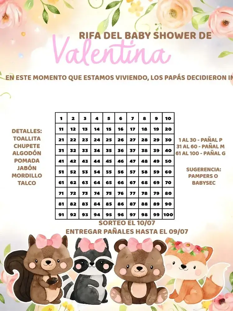 Invitación Té Rifa Bosque Encantado Digital – tema Té Rifa naturaleza, colores suaves, elementos gráficos, estilo encantador, visual lúdico, tema floral
