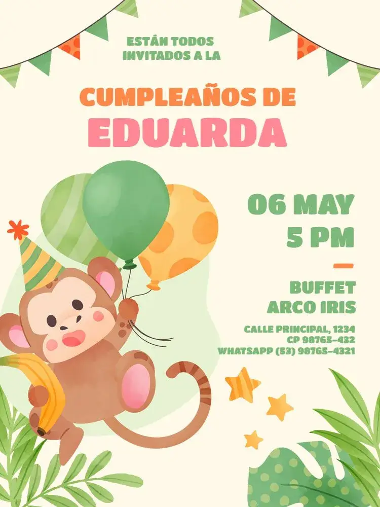 Invitación Infantil Femenino Mono Bandera Mono