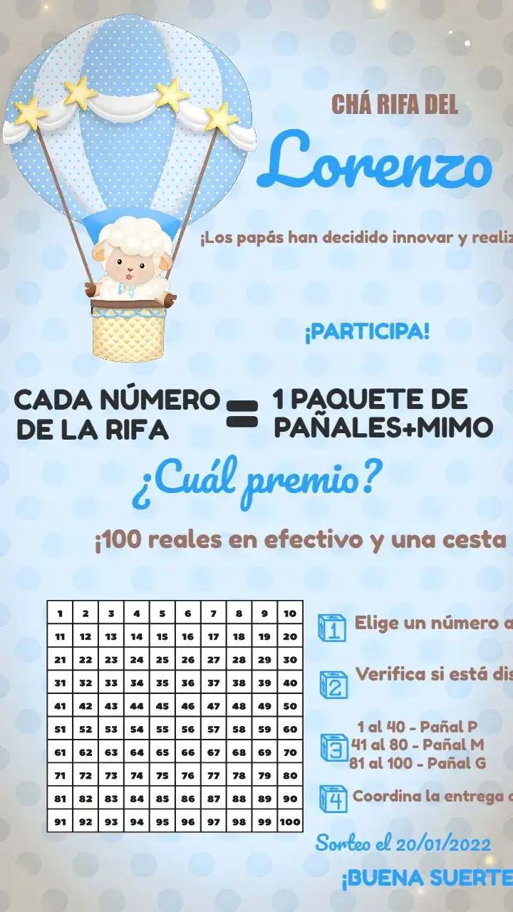 Invitación Chá Rifa Oveja Globos Niño – tema Té Rifa azul, amarillo, blanco, ovejas, infantil, festivo