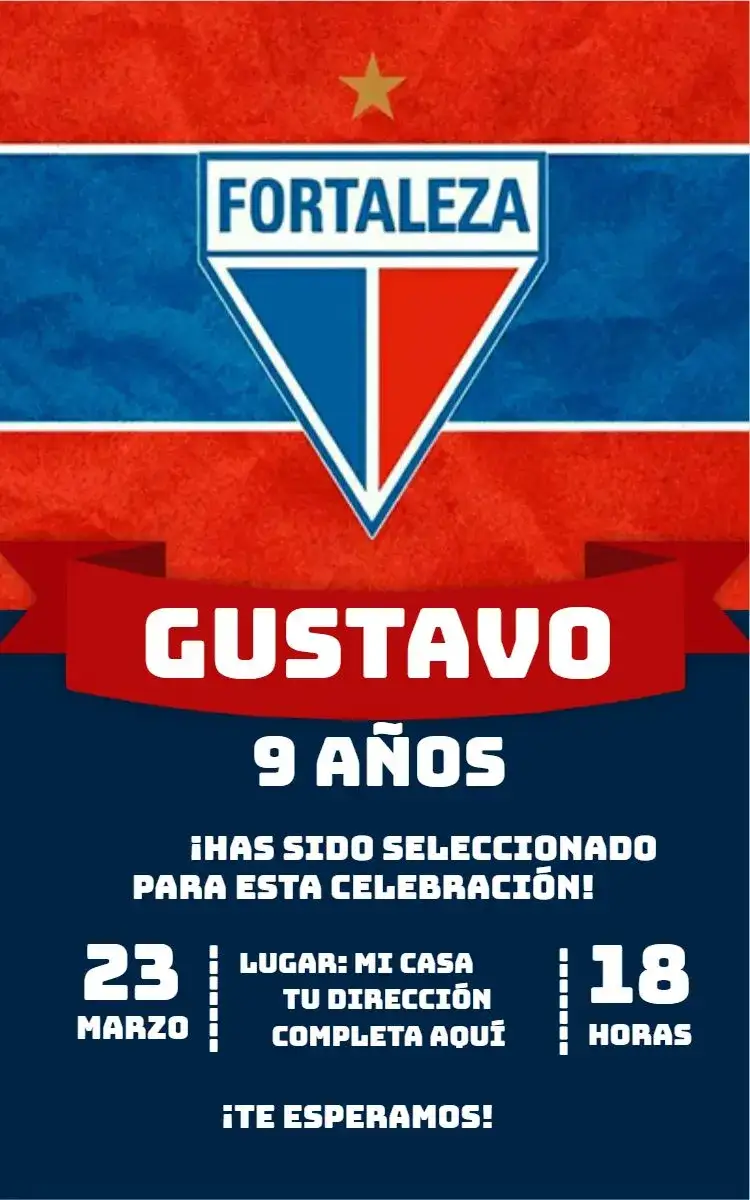 Invitación Fortaleza 1 – tema Cumpleaños deportivo, colorido, moderno, vibrante, dinámico, fútbol