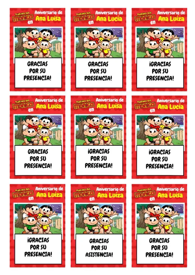 Invitación Etiqueta Personajes de la Turma Da Mônica – tema Cumpleaños Infantil colorido, divertido, infantil, ilustraciones de la Turma Da Mônica, alegre, juguetón