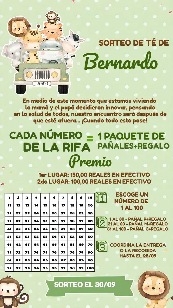 Invitación Chá Rifa Safari Blanco editable y personalizable