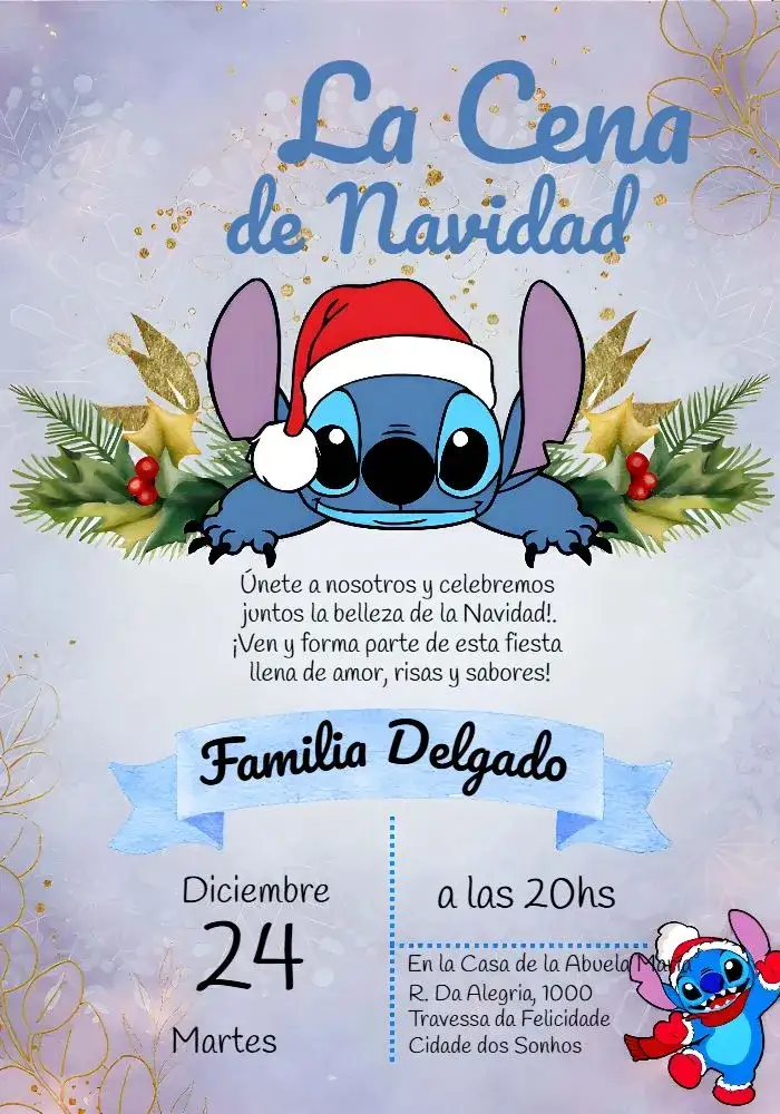Invitación Para Cena de Navidad Stitch Acuarela – tema Fechas Conmemorativas acuarela, azul, Disney, festivo, divertido, temático