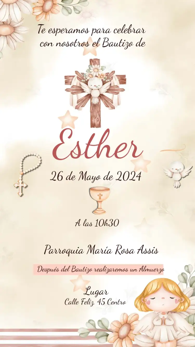 Invitación Bautizo Niña Angelito – tema Bautismo delicado, ángeles, flores suaves, pastel, minimalista, gráfico sutil