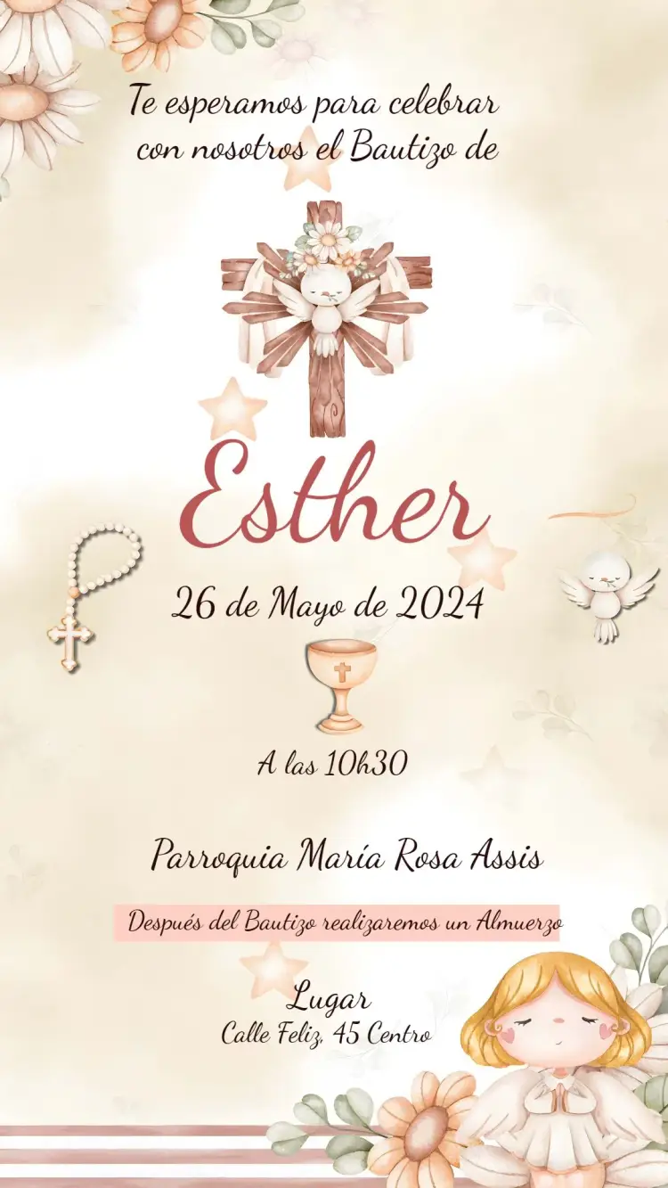 Invitación Bautizo Niña Angelito editable y personalizable