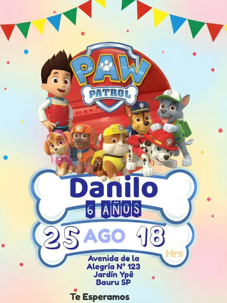Invitación Patrulla Canina Hueso – tema Más buscados colorido, animales, divertido, infantil, temático