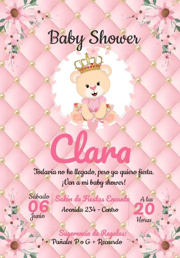 Invitación Baby Shower Osita Princesa Niña – tema Baby Shower floral, rosa, dorado, infantil, princesa, delicado