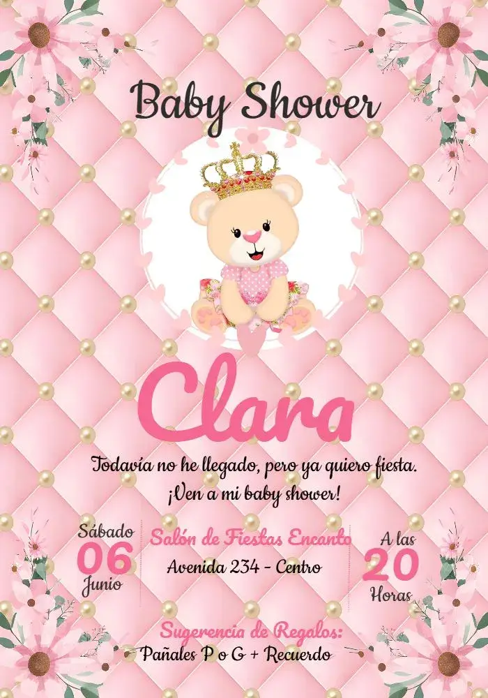 Invitación Baby Shower Osita Princesa Niña