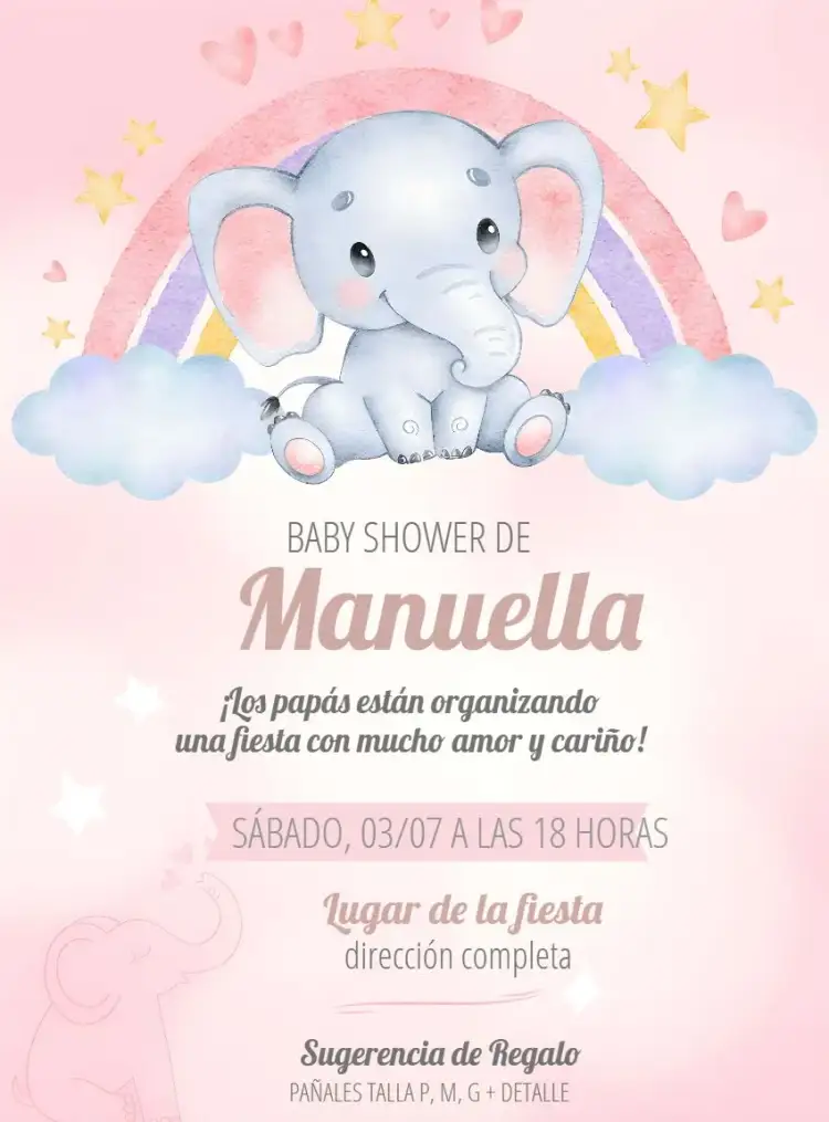 Invitación Baby Elephant Diaper Shower – tema Baby Shower delicado, lúdico, rosa, minimalista, infantil, estampa de elefante
