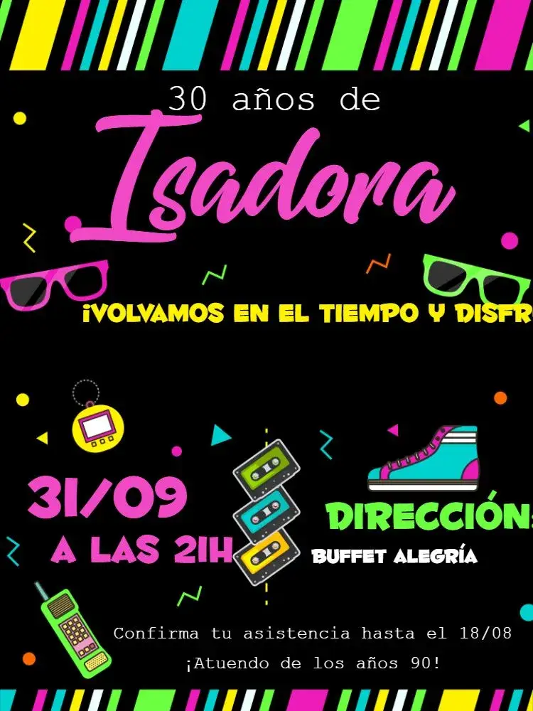 Invitación Años 90 Azul editable y personalizable