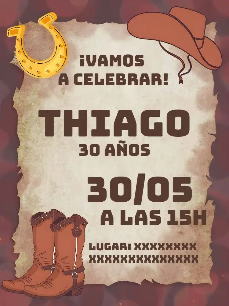 Invitación Cowboy Hombre – tema Cumpleaños rústico, country, madera, vaquero, vintage, natural