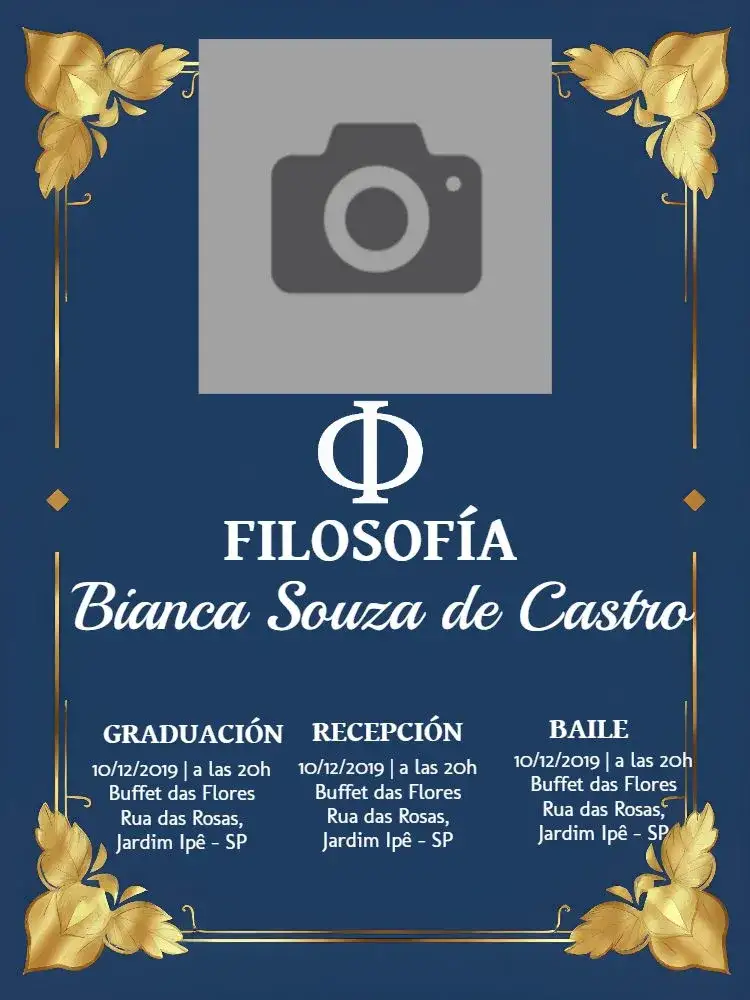 Invitación Graduación de Filosofía Con Foto de Filósofo – tema Graduación azul, dorado, filosófico, elegante, moderno