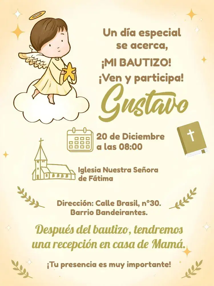 Invitación Bautizo Angelito Blanco – tema Bautismo angelical, dorado, minimalista, moderno, suave, clásico