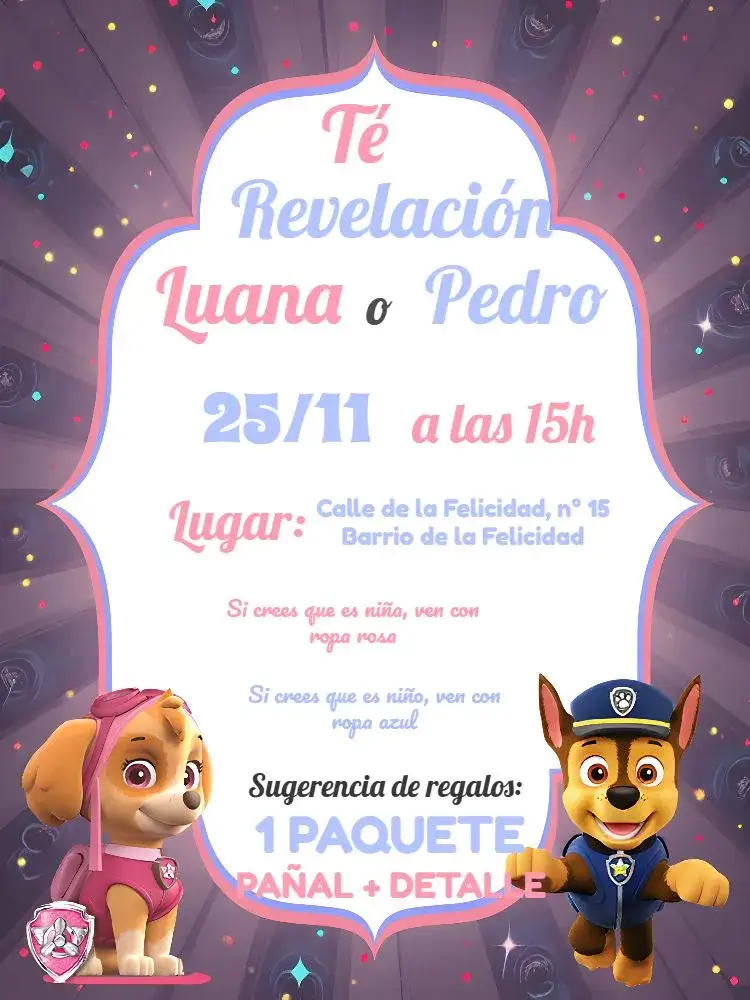 Invitación Chá de Revelación Patrulla Canina Blanco – tema Cumpleaños Infantil blanco, azul, rosa, divertido, infantil, colorido
