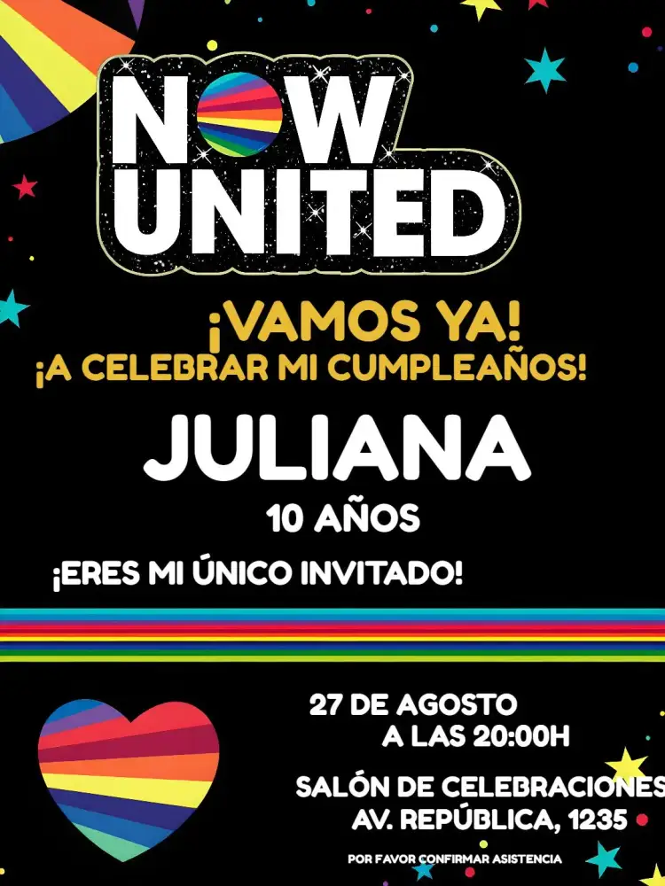 Invitación Now United Amarillo – tema Más buscados colorido, moderno, vibrante, jovem, divertido, festivo
