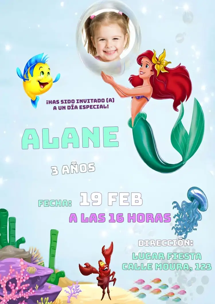 Invitación Pequeña Sirenita Ariel Con Foto a Color – tema Más buscados oceánico, colorido, infantil, de fantasía, marino