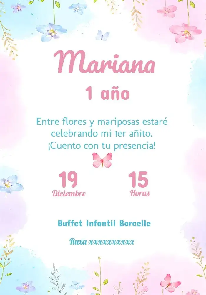 Invitación Jardín De Las Mariposas Niña – tema Fechas Conmemorativas floral, encantado, colorido, delicado, infantil