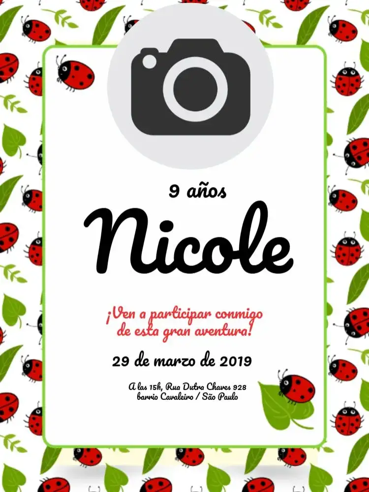 Invitación Mariquita Con Foto Celebración – tema Cumpleaños Infantil rojo, negro, infantil, divertido, moderno, elegante