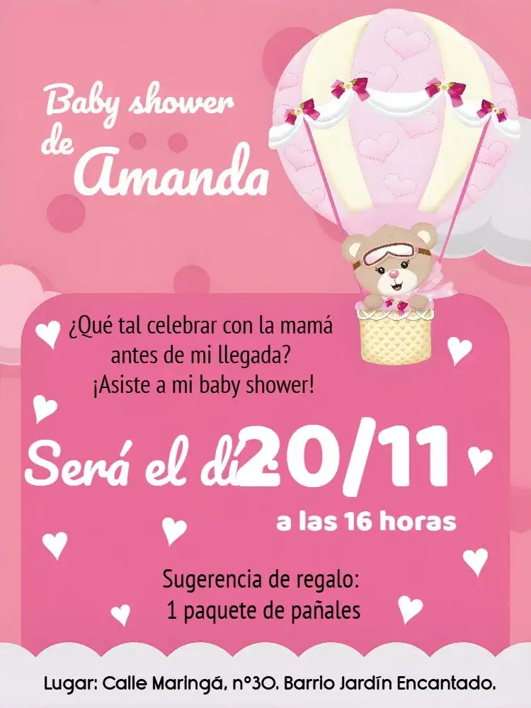 Invitación Baby Shower Osita Globo Aerostático Rosa – tema Despedida de Soltera rosa y blanco, infantil, tierno, globos, osos de peluche, moderno
