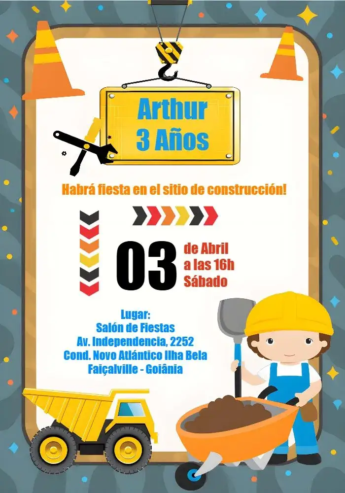 Invitación Construcción Colorida – tema Té Rifa colorido, divertido, infantil, de construcción, moderno
