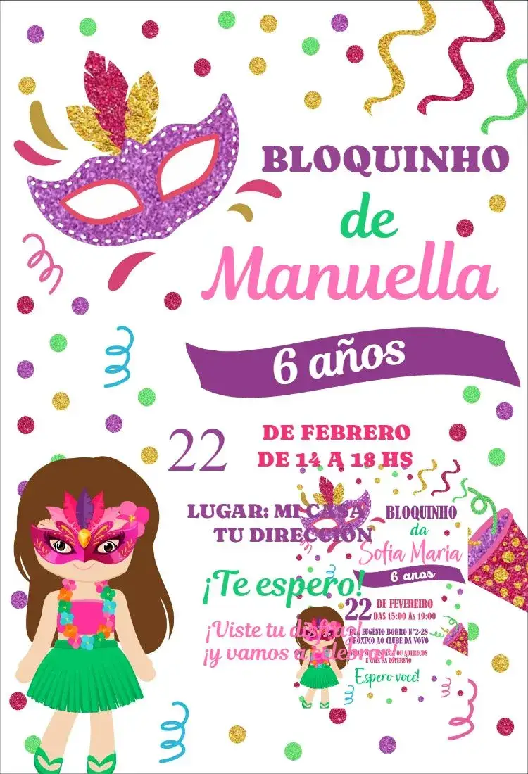 Invitación Bloquinho Carnaval 1 – tema Cumpleaños carnaval, colorido, divertido, infantil, brincalhão, folclórico