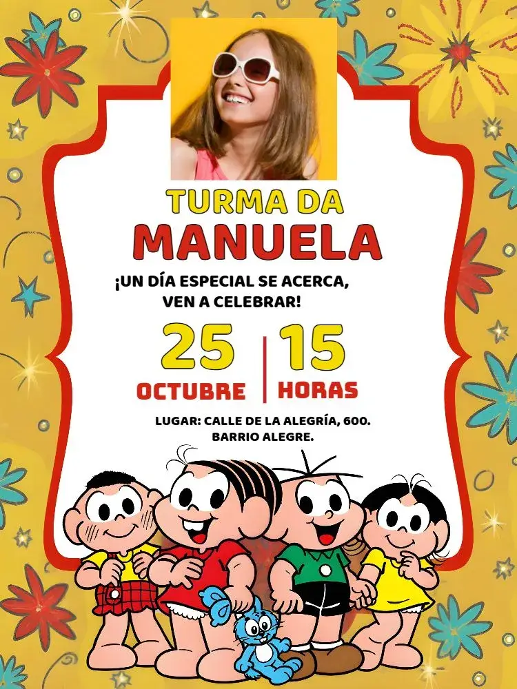 Invitación Turma Da Mónica Con Foto Magali editable y personalizable