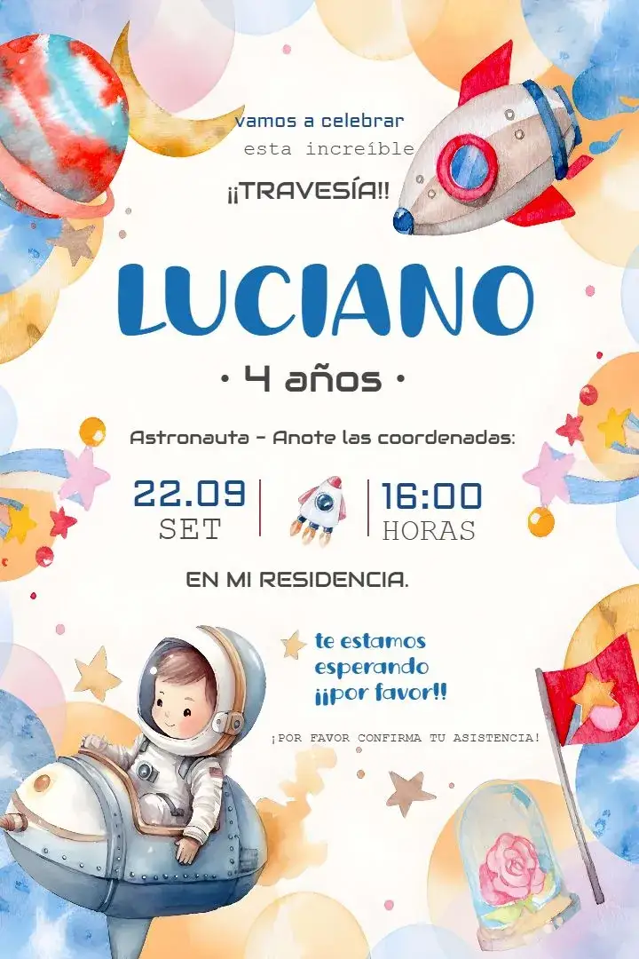 Invitación Astronauta Acuarela Infantil – tema Más buscados acuarela, espacio, temática infantil, colores suaves, elementos lúdicos