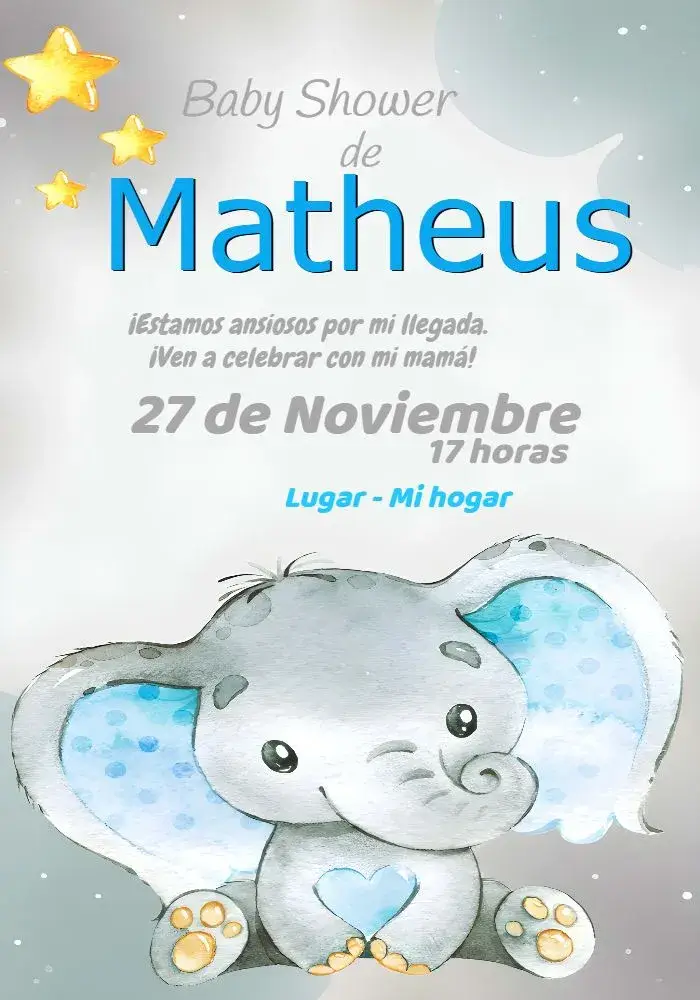 Invitación Baby Shower Elefantito Acuarela Bebé