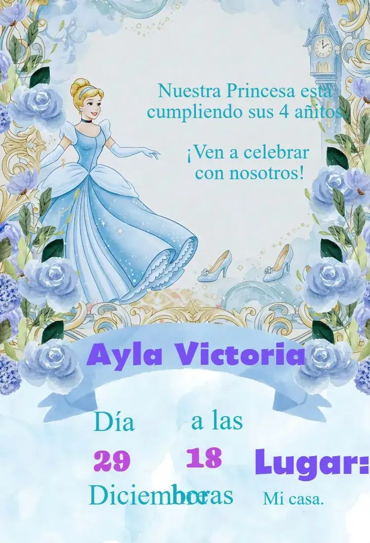 Invitación Invitación de Cenicienta – tema Cumpleaños Infantil cuentos de hadas, mágico, azul y dorado, princesa, fantasía, delicado