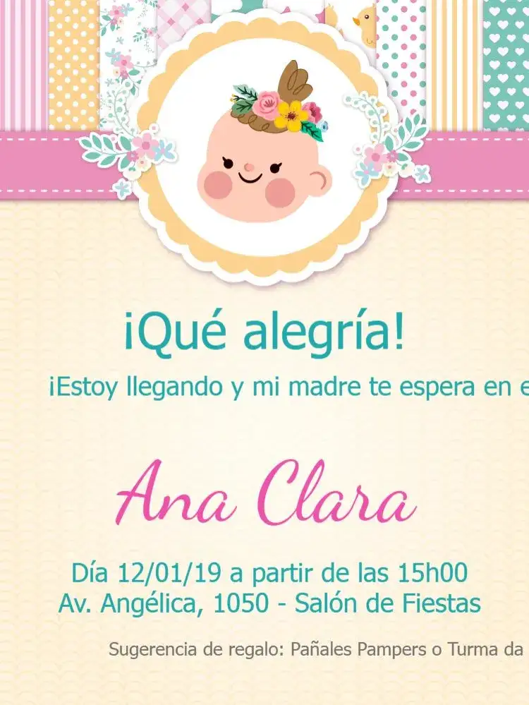 Invitación Chica Digital – tema Baby Shower floral, colorido, moderno, divertido, alegre