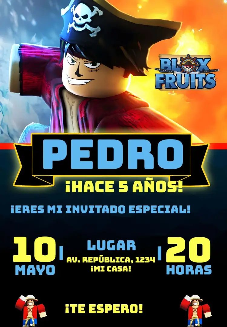 Invitación Blox Fruits Roblox One Piece Bloxfruits editable y personalizable