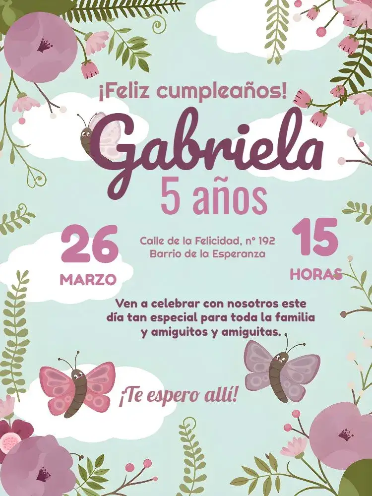 Invitación Jardín De Las Mariposas Nube – tema Fechas Conmemorativas floral, colorido, delicado, infantil, moderno