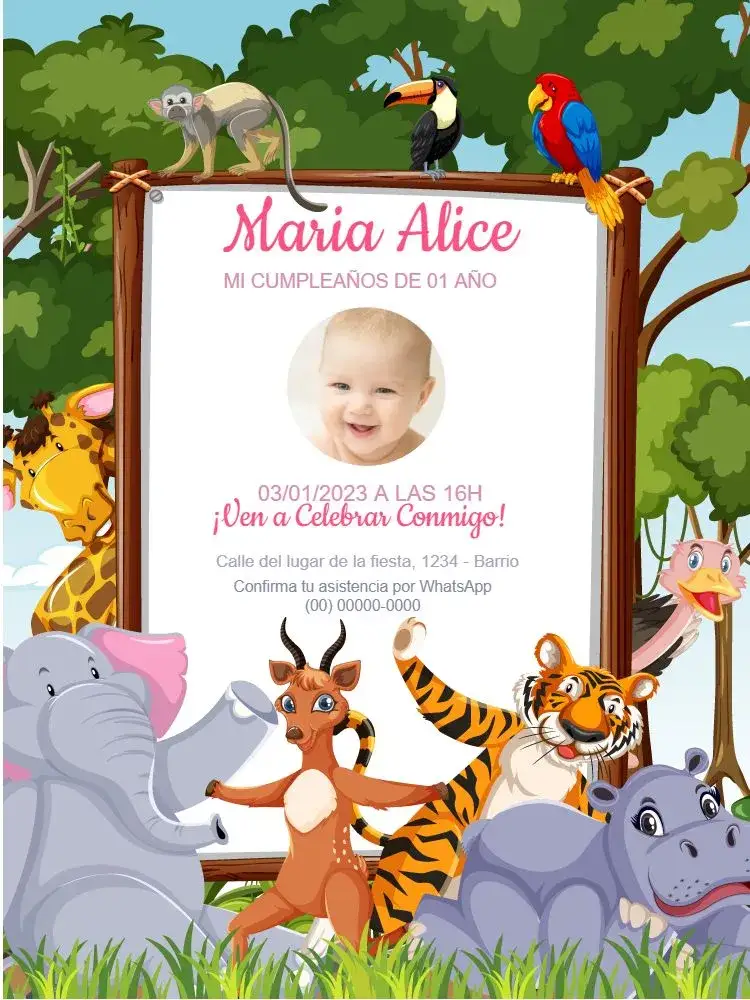 Invitación Safari Infantil Niña Animales – tema Cumpleaños Infantil delicado, colorido, lúdico, temática de natureza, estampado animal, infantil