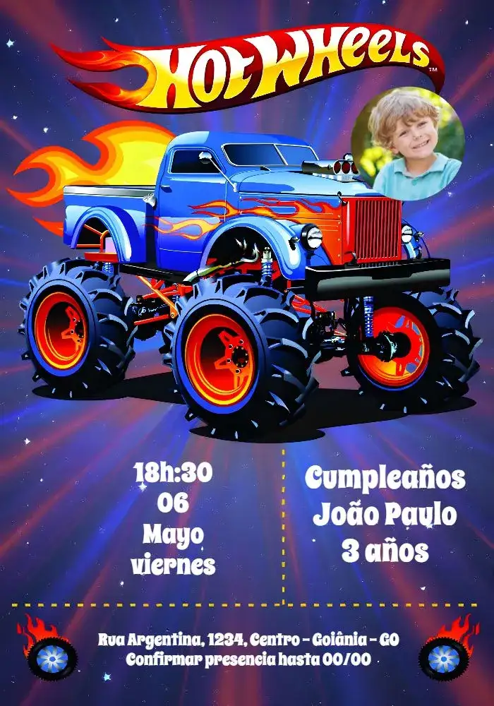 Invitación Hotwheels Con Foto de Coches – tema Más buscados coches, carrera, colorido, divertido, infantil, dinámico