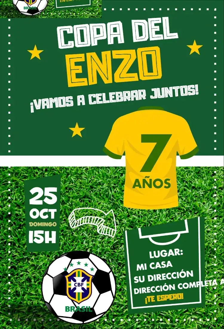 Invitación Copa del Mundo 3 – tema Cumpleaños fútbol, colorido, jovial, temático, brasileño, divertido