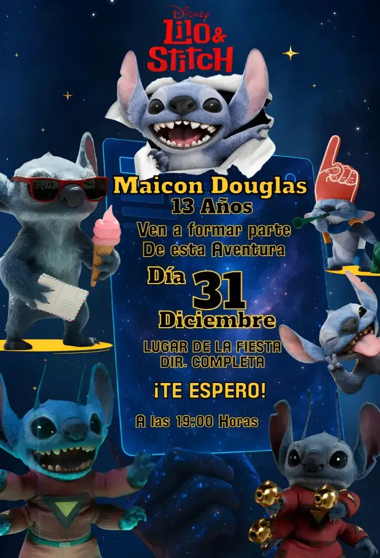 Invitación Lilo y Stitch intergaláctico – tema Cumpleaños colorido, temático, divertido, espacial, ilustraciones animadas