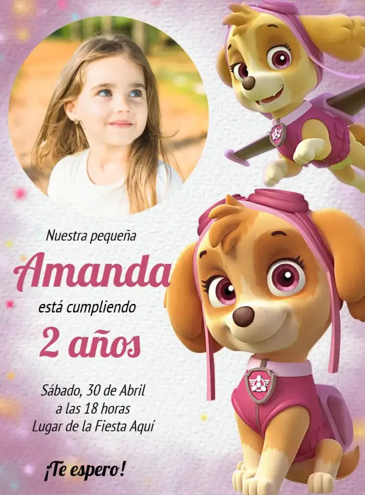 Invitación Patrulla Canina Skye Rosa – tema Cumpleaños Infantil rosa, divertido, aventura, ilustraciones infantiles, temática canina, colorido