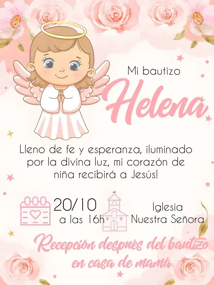 Invitación Presentación de Bautizo Rosa – tema Bautismo floral, delicado, rosa, blanco, angelito, moderno