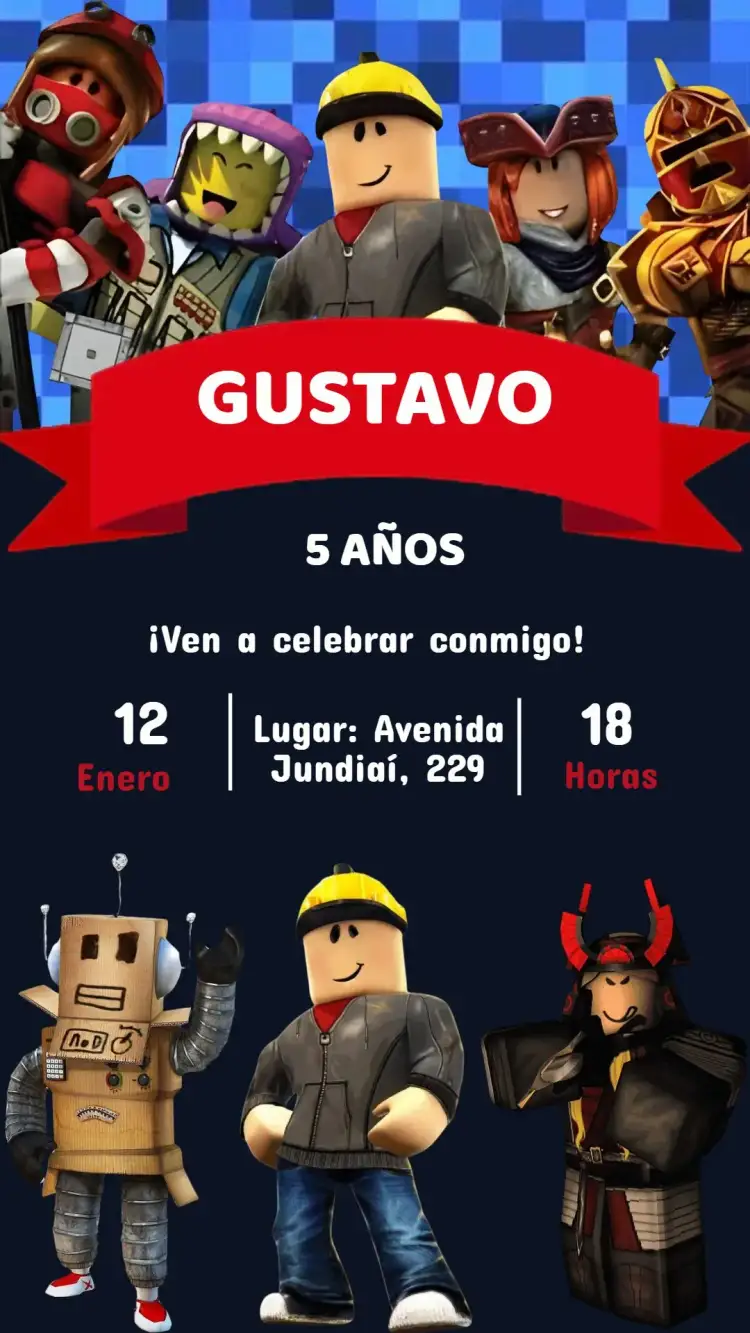 Invitación Invitación Cumpleaños Roblox – tema Cumpleaños Infantil colorido, moderno, lúdico, juegos virtuales, divertido, temático