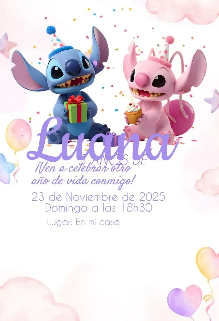 Invitación invitación digital de Stitch y Angel – tema Cumpleaños kawaii, colorido, moderno, delicado, fofo
